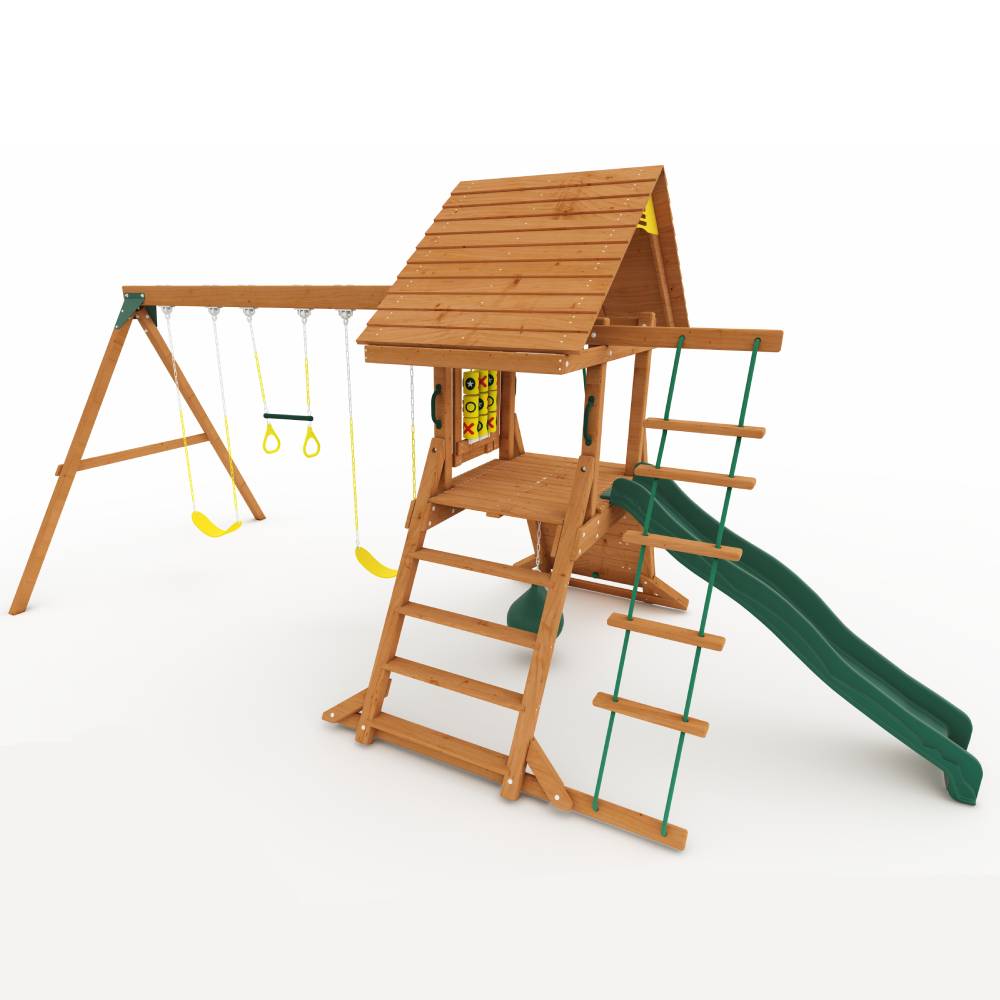 Kiddoro Hilltop Heights Swing Set for kids outdoor playset with swings, slide, and climbing features in a backyard setting