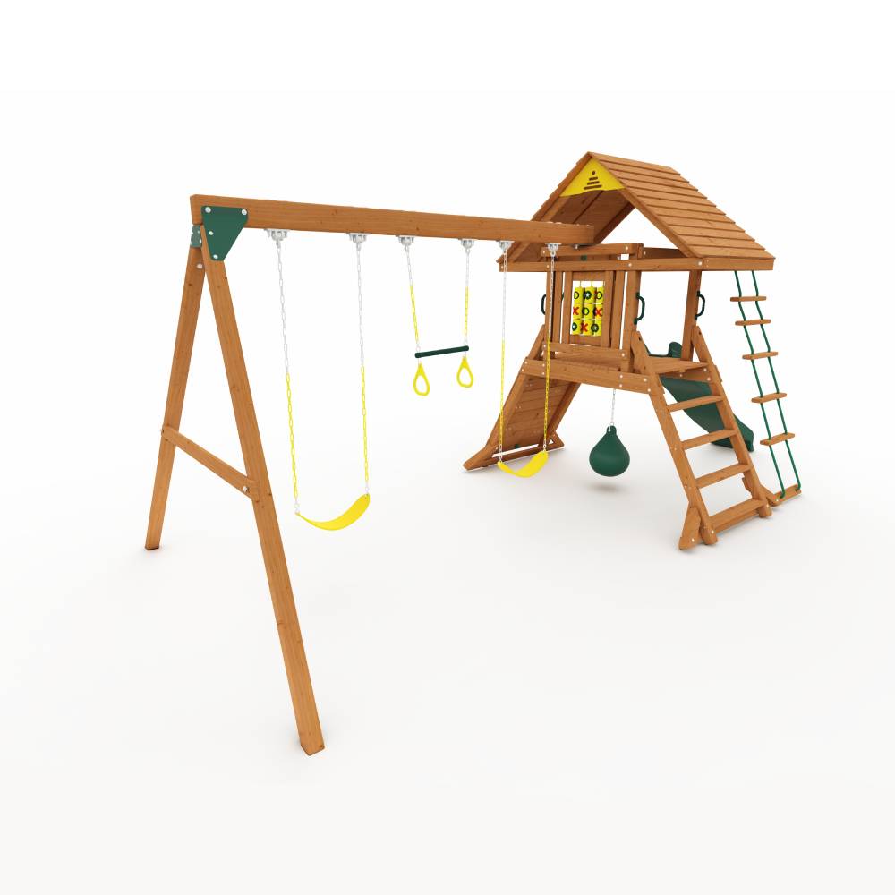 Kiddoro Hilltop Heights outdoor kids swing set with swings, slide, and climbing features in a backyard setting