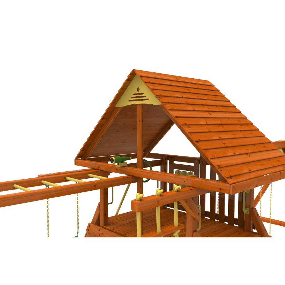 Kiddoro Discovery Den outdoor kids playset with monkey bar swing set, featuring a colorful playhouse and sturdy swings.