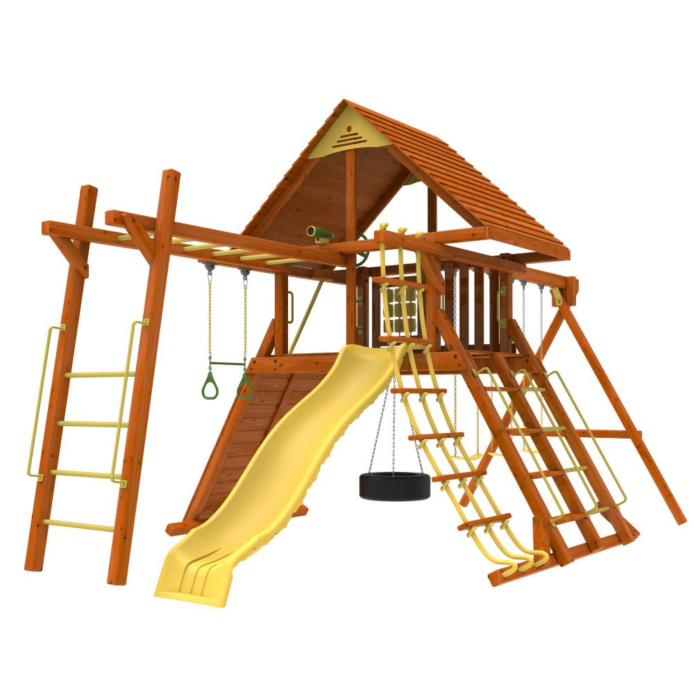 Kiddoro Discovery Den kids outdoor playset with monkey bar swing set, colorful climbing frame, and slide for outdoor fun