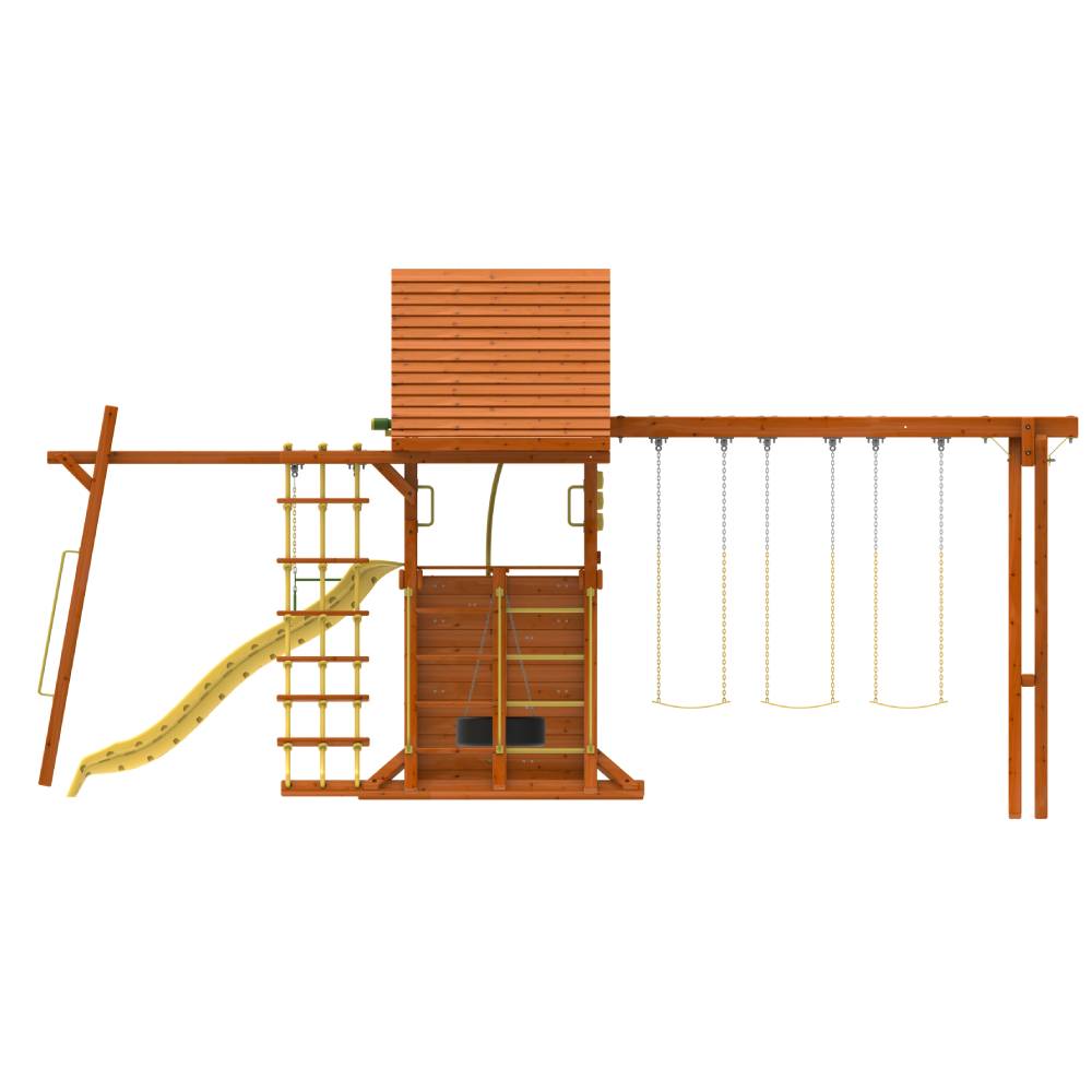 Kiddoro Discovery Den outdoor kids playset with monkey bar swing set, climbing ladder and colorful playhouse for children.