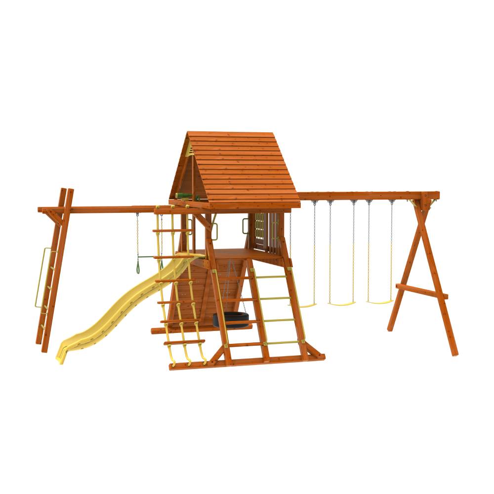 Kiddoro Discovery Den kids outdoor playset with monkey bar swing, climbing ladder, and colorful play features for children.