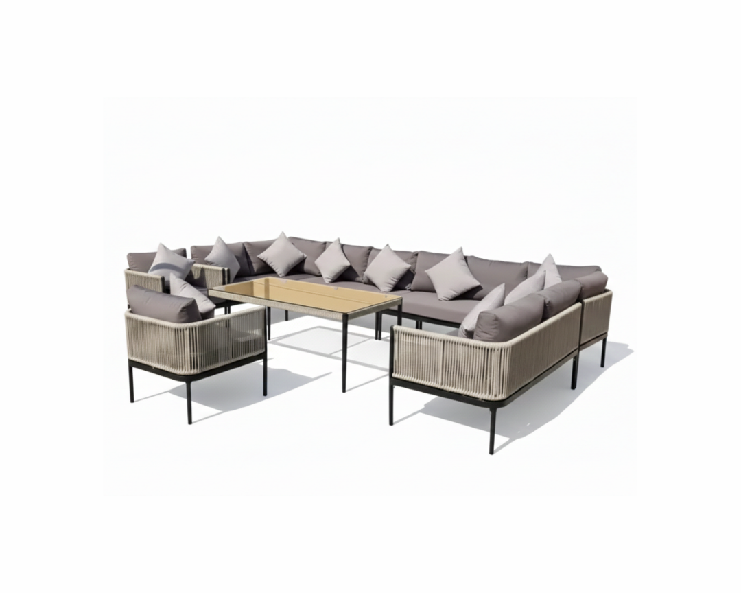 Outdoor patio furniture set featuring a modular wicker sofa with gray cushions, two matching armchairs, and a rectangular coffee table with a light wood top, shown on a white background with contact details.