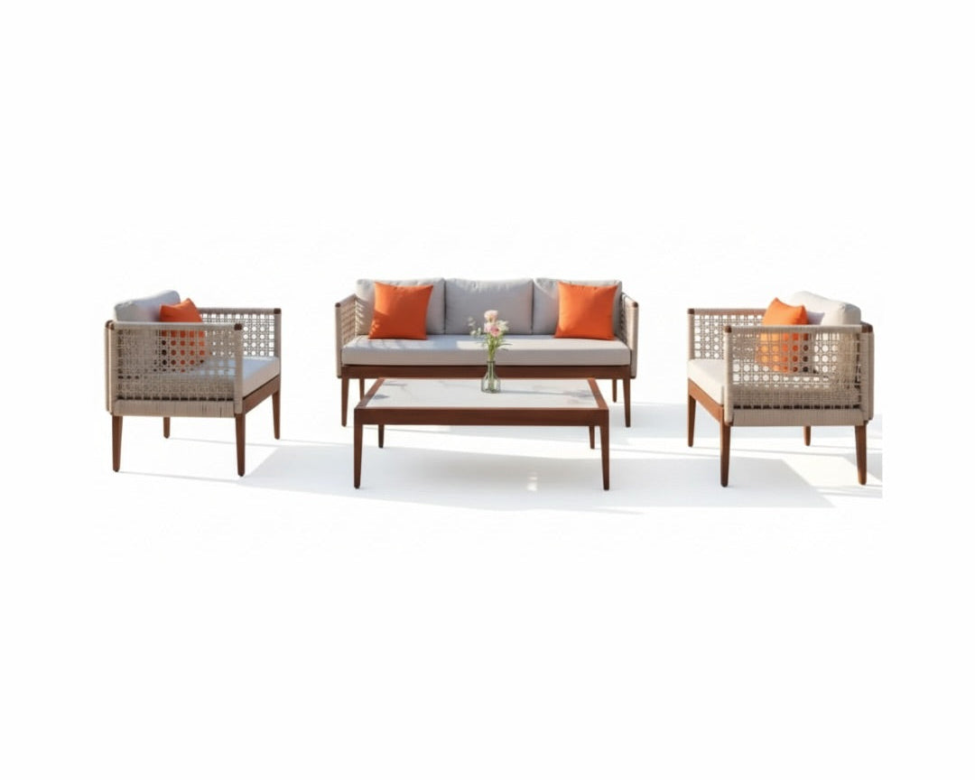 6-Seater Aluminium Handwoven Rope Outdoor Sofa Set with Table