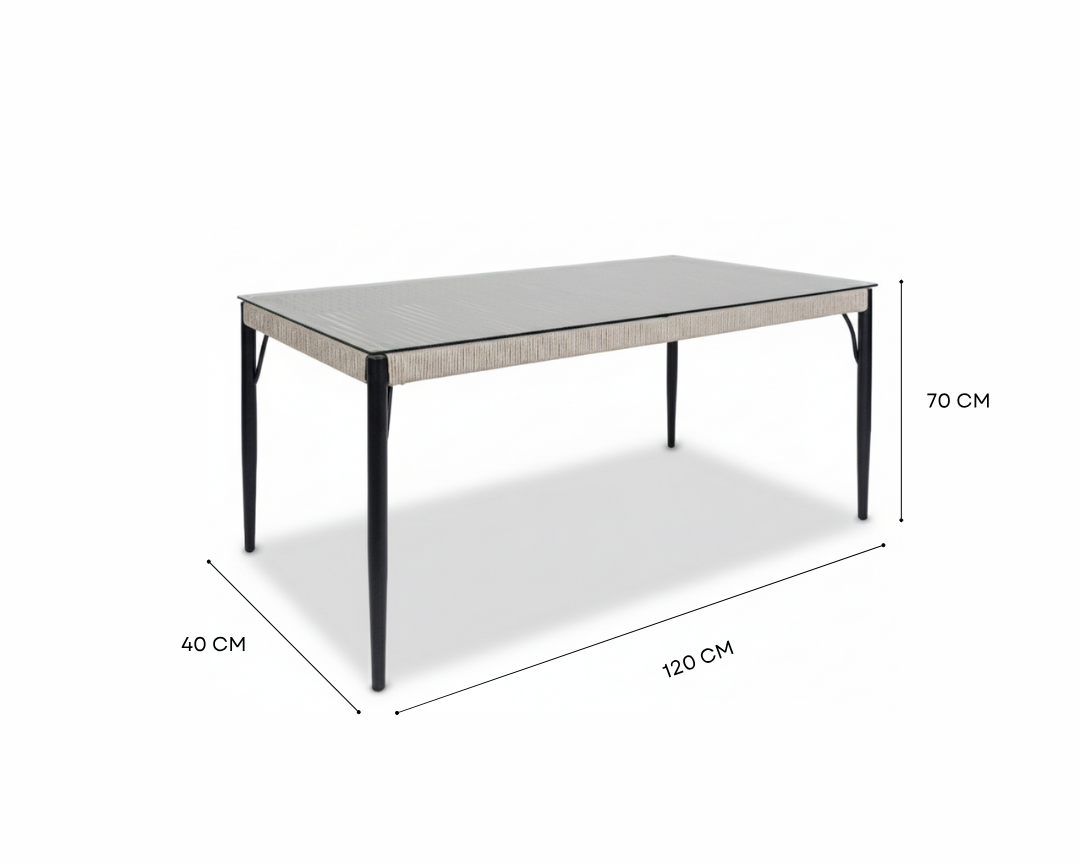 A rectangular outdoor dining table with a light gray textured top and black legs, shown with dimension labels indicating 120 cm length, 40 cm width, and 70 cm height on a white background.
