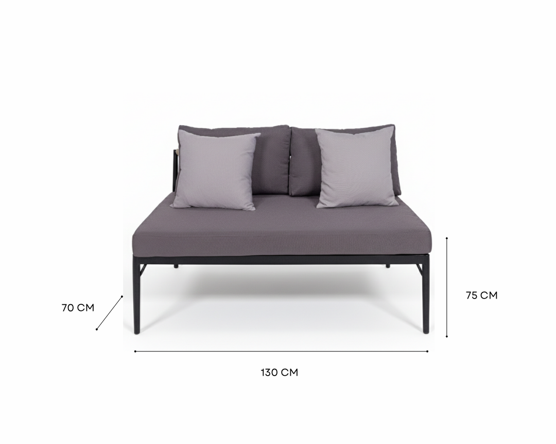 A gray outdoor daybed with two matching back cushions and a black metal frame, shown on a white background with dimension lines indicating 130 cm width, 75 cm height, and 70 cm depth.