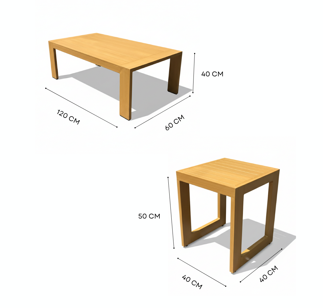 A wooden table and matching stool shown on a white background with dimension labels and measurement lines indicating height, width, and depth in centimeters.