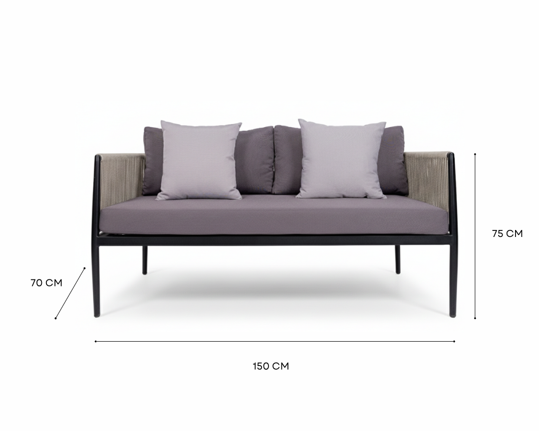 Outdoor patio sofa with a gray cushioned seat and back, three gray throw pillows, and a light beige woven frame, shown with dimension lines indicating 150 cm width, 70 cm depth, and 75 cm height.