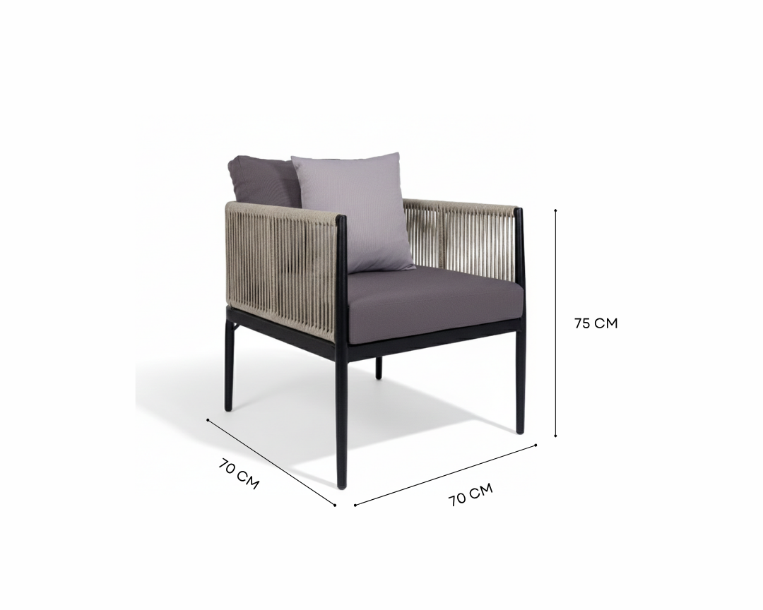 Outdoor armchair with woven beige wicker frame, dark gray cushions, and black legs, shown with dimension labels (70 cm width, 70 cm depth, 75 cm height) on a white background.