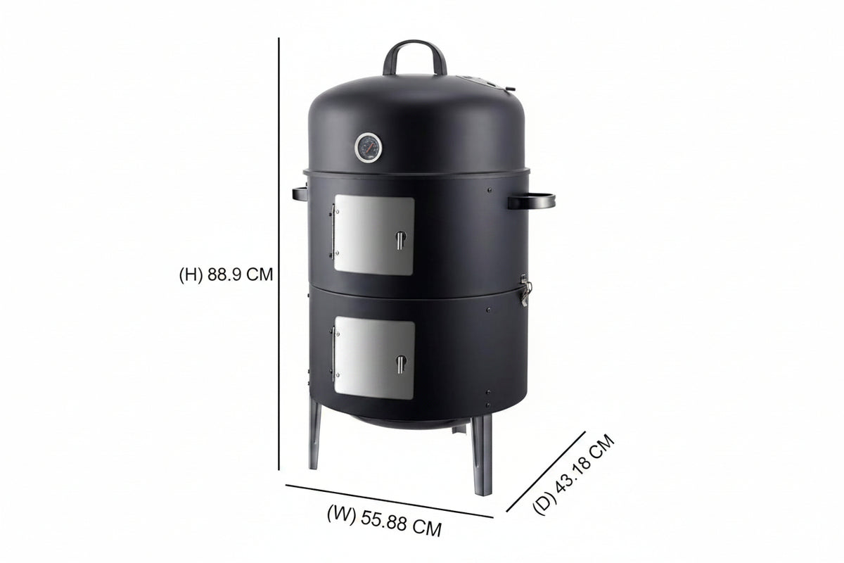 Black metal smoker grill with dimension lines showing height 35 IN, width 22 IN, and depth 17 IN on a white background.