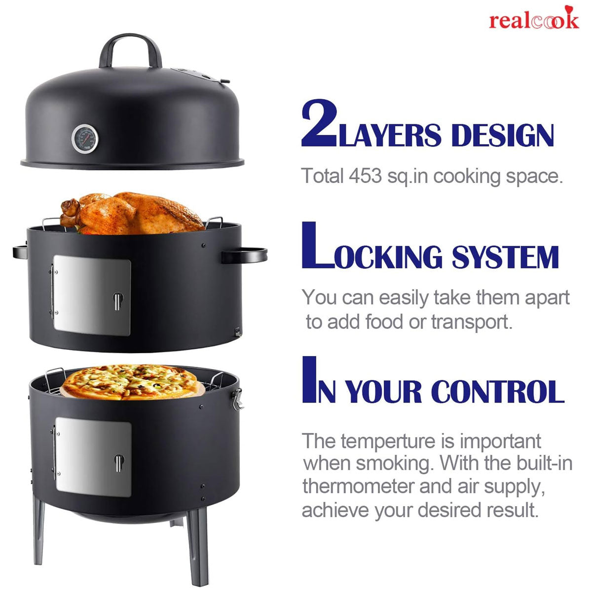 Realcook 17-Inch Vertical Charcoal Smoker | 453 sq in | Multi-Function BBQ