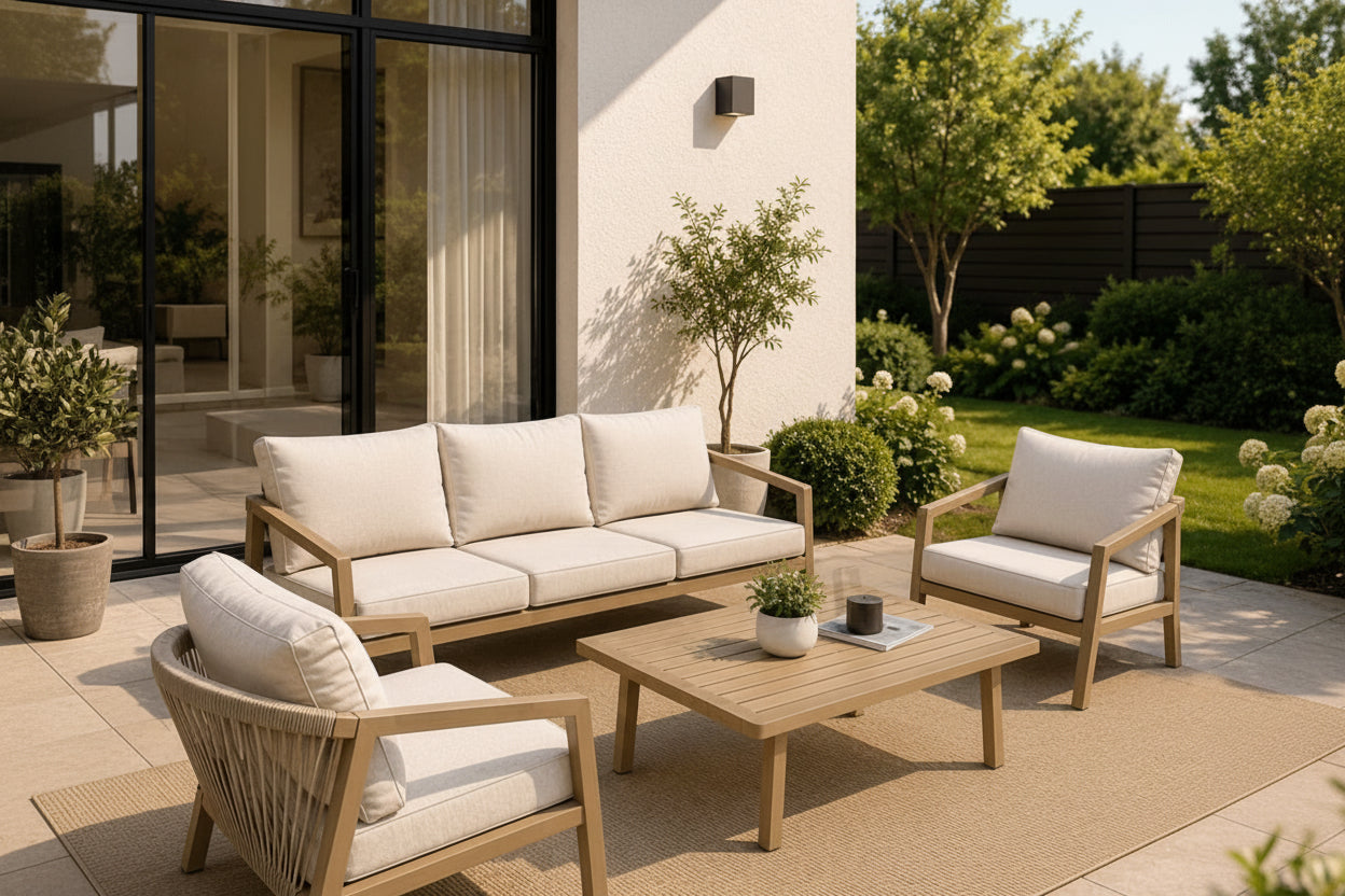 3-Seater Outdoor Sofa Set | Rope & Steel Frame with Cushions & Table | Natural