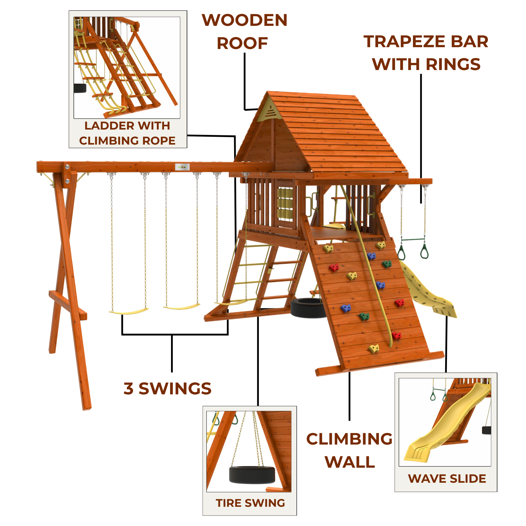 Kiddoro Discovery Den outdoor kids playset with a monkey bar swing, colorful slide, and climbing features for outdoor play.