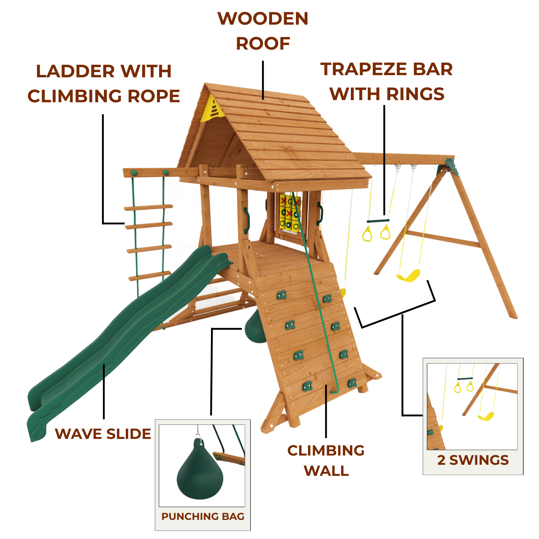 Kiddoro Hilltop Heights swing set with slides and swings, outdoor kids playset featuring colorful safety equipment and sturdy frame