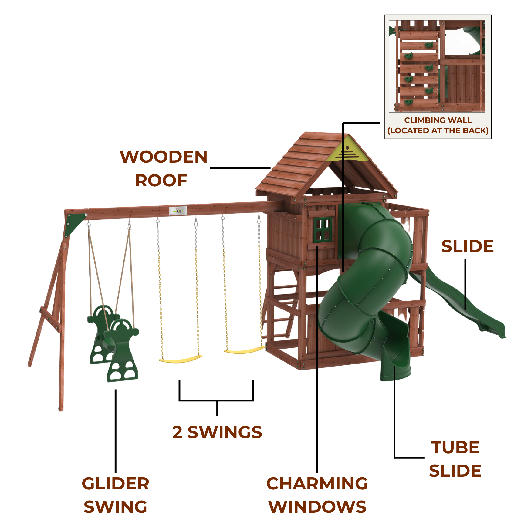 Kiddoro Little Heroes HQ outdoor swing set with tube slide, kids playset featuring a sturdy frame and colorful play elements