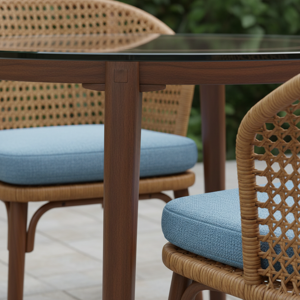 Close-up of walnut wood, rattan weaving, glass top, and sky blue cushion detail
