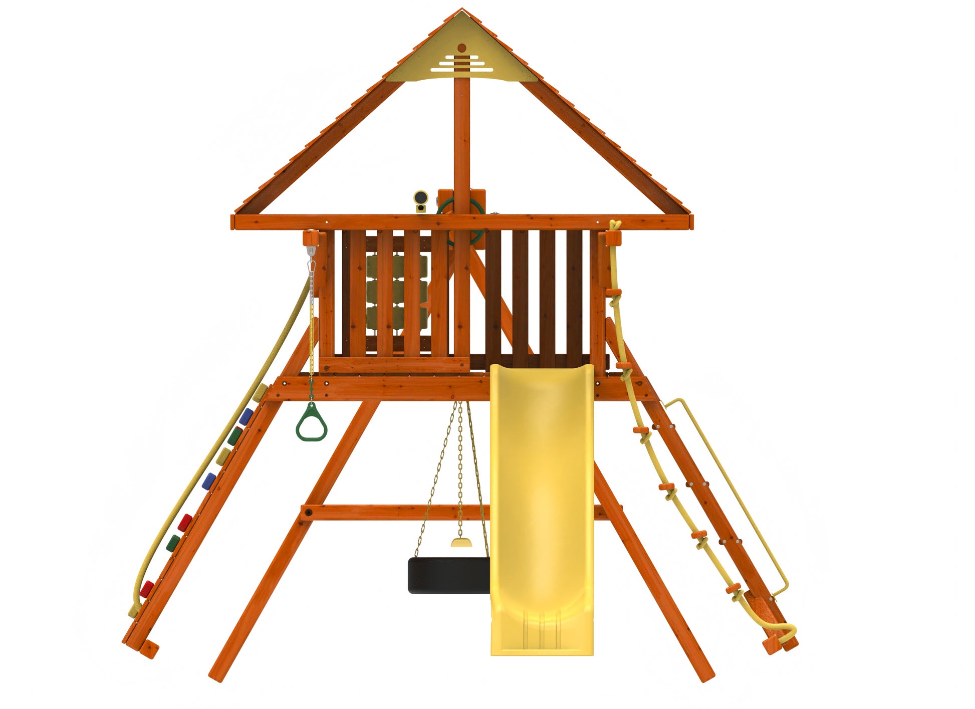 Kiddoro Discovery Den Swing Set for kids, featuring a tire swing and outdoor playset on a grassy backyard.