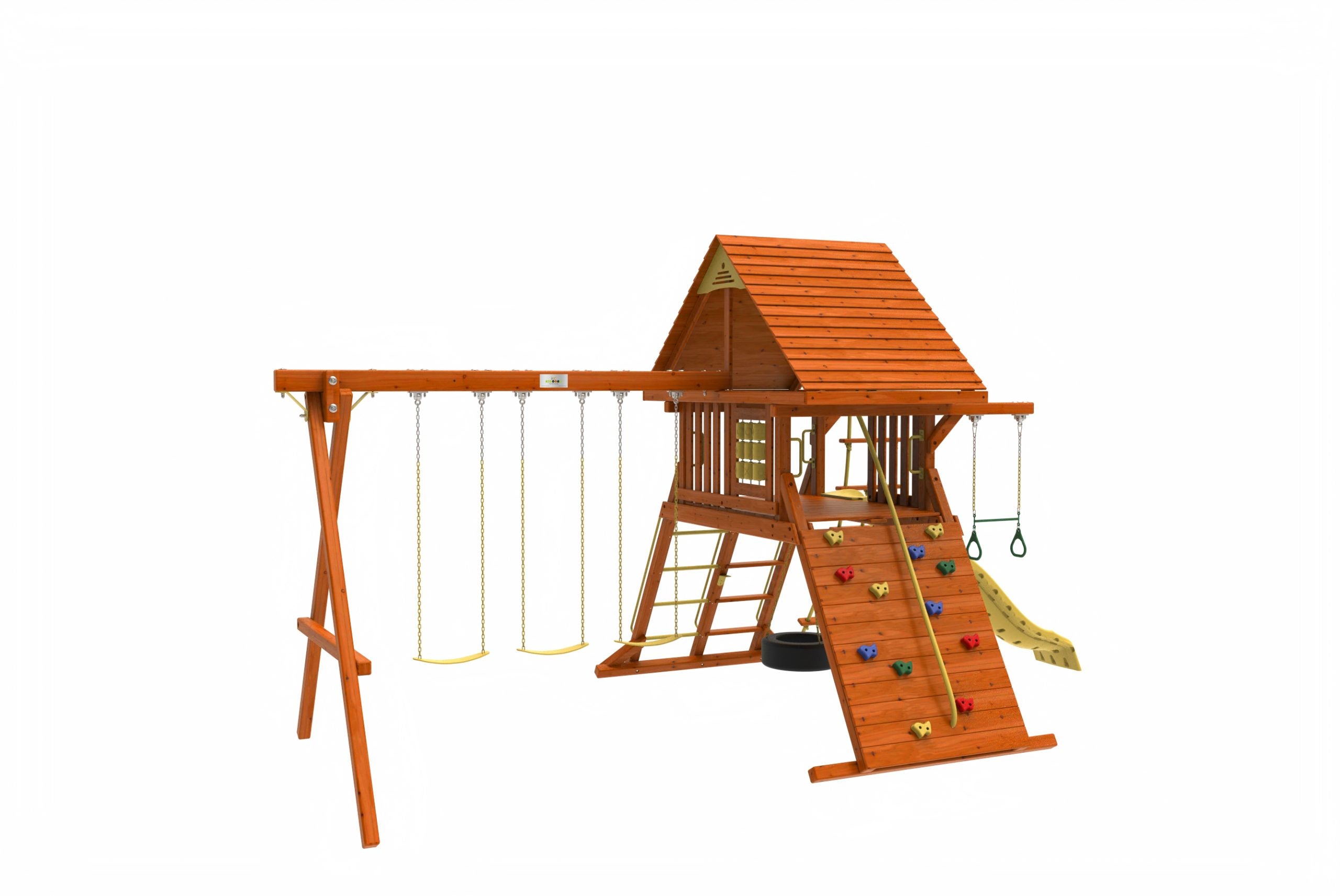Kiddoro Discovery Den swing set for kids with tire swing and climbing features in an outdoor play area.
