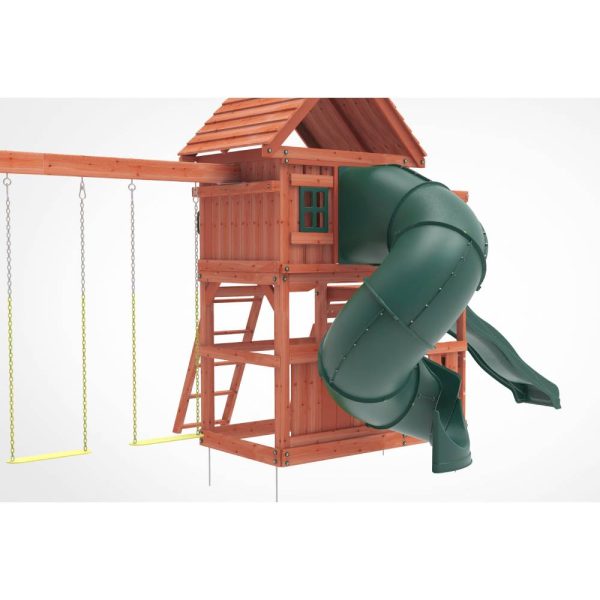 Kiddoro Little Heroes HQ swing set with tube slide, outdoor kids playset featuring colorful swings and a climbing frame.