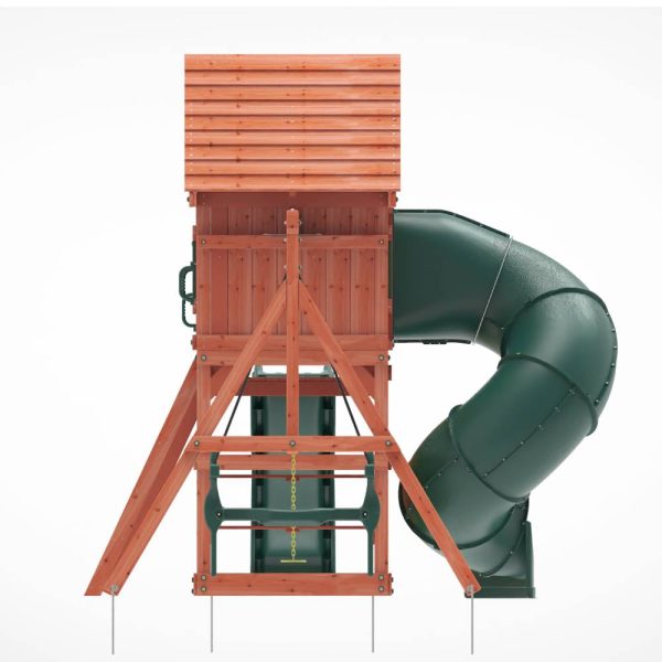 Kiddoro Little Heroes HQ outdoor swing set with tube slide, colorful kids' playset for outdoor fun and active play.