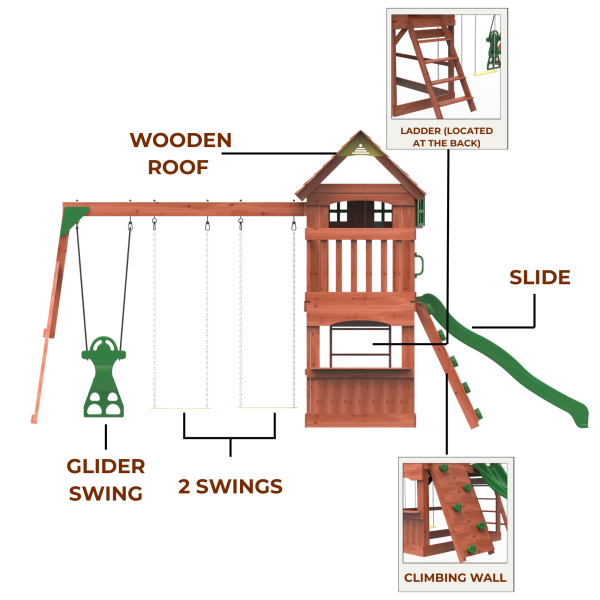 Kiddoro Playful Peaks Swing Set outdoor kids treehouse playset with swings and climbing features in a backyard.