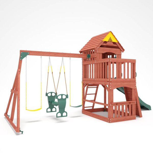 Kiddoro Playful Peaks Swing Set with outdoor treehouse, swings, and climbing features for kids' outdoor play.