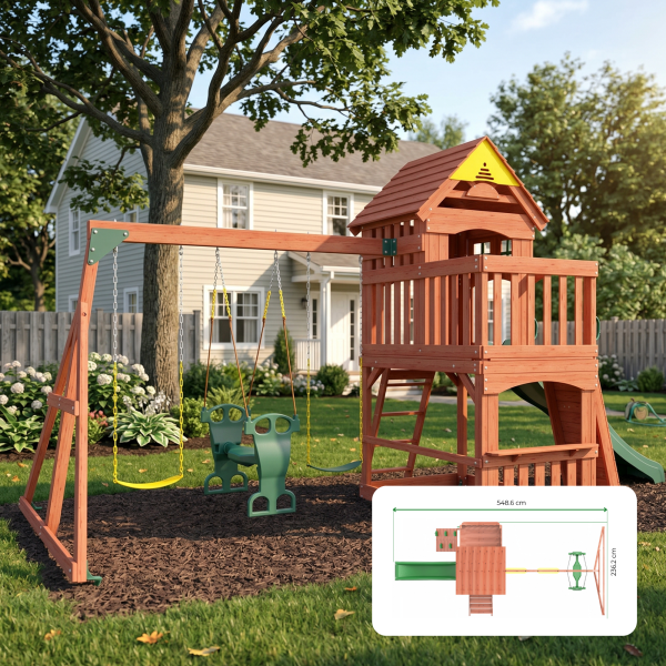 Kiddoro Playful Peaks Swing Set with treehouse design, including swings and climbing features for kids outdoor play.