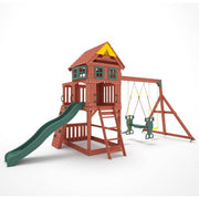 Kiddoro Playful Peaks Swing Set with treehouse, swings, and slide for kids outdoor play in a backyard setting.