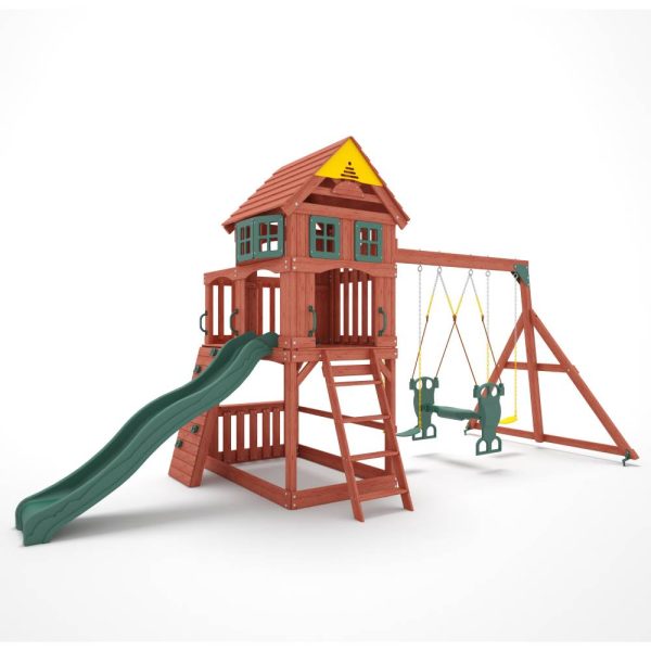 Kiddoro Playful Peaks Swing Set with treehouse, swings, and slide for kids outdoor play in a backyard setting.