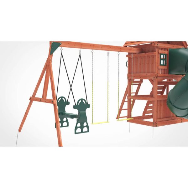 Kiddoro Little Heroes HQ Swing Set with tube slide, outdoor kids playset featuring swings, slide, and climbing elements
