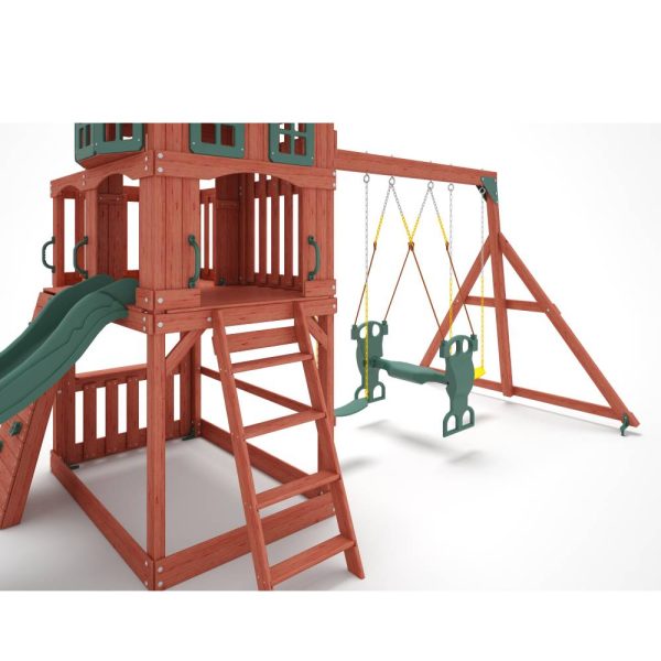 Kiddoro Playful Peaks Swing Set with treehouse for kids, featuring swings and climbing elements in a backyard play area.