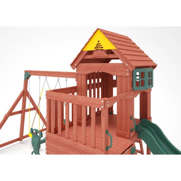 Kiddoro Playful Peaks Swing Set with treehouse, slide, and swings for kids outdoor play in a backyard setting