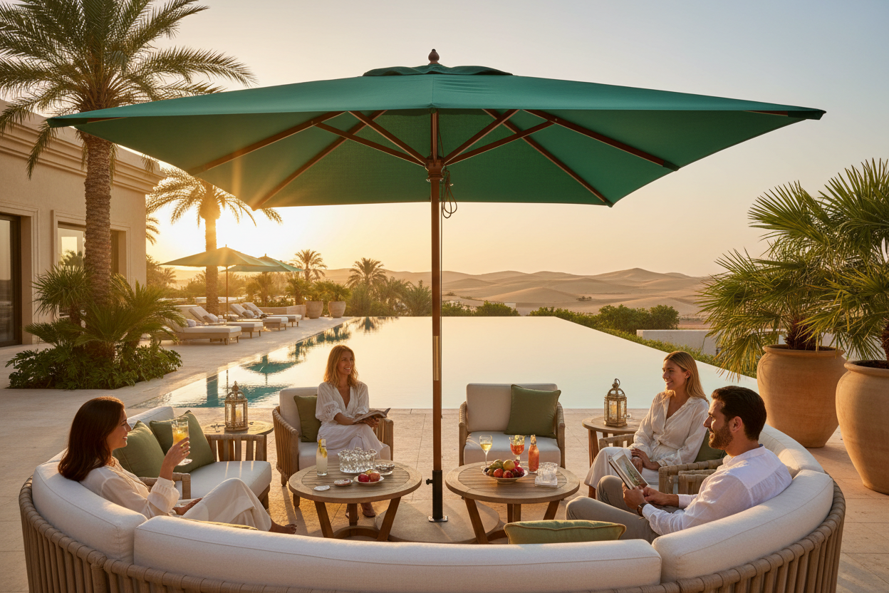 Lifestyle shot of people relaxing under green umbrella shade at golden hour