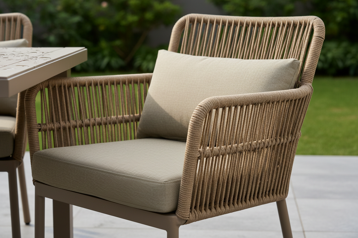 Close-up of aluminum frame, khaki rope weaving, and plush cushion detail