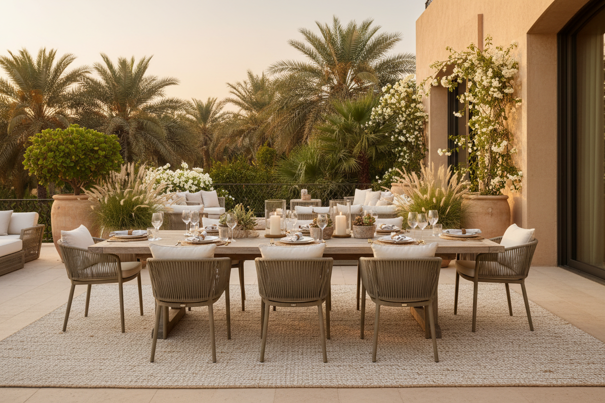 Elegant outdoor dining setup with khaki chairs at golden hour