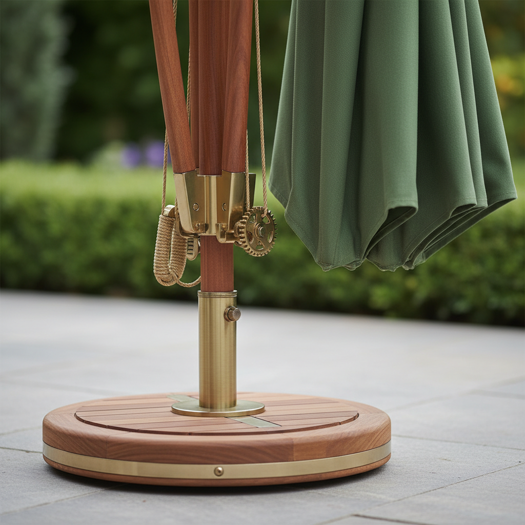 Close-up of modern wooden pole, green canopy, and circular base detail