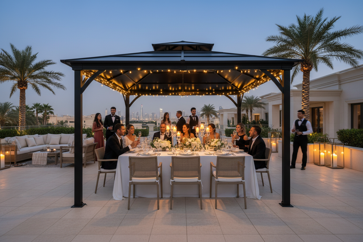 Evening outdoor event under black gazebo with elegant entertaining setup