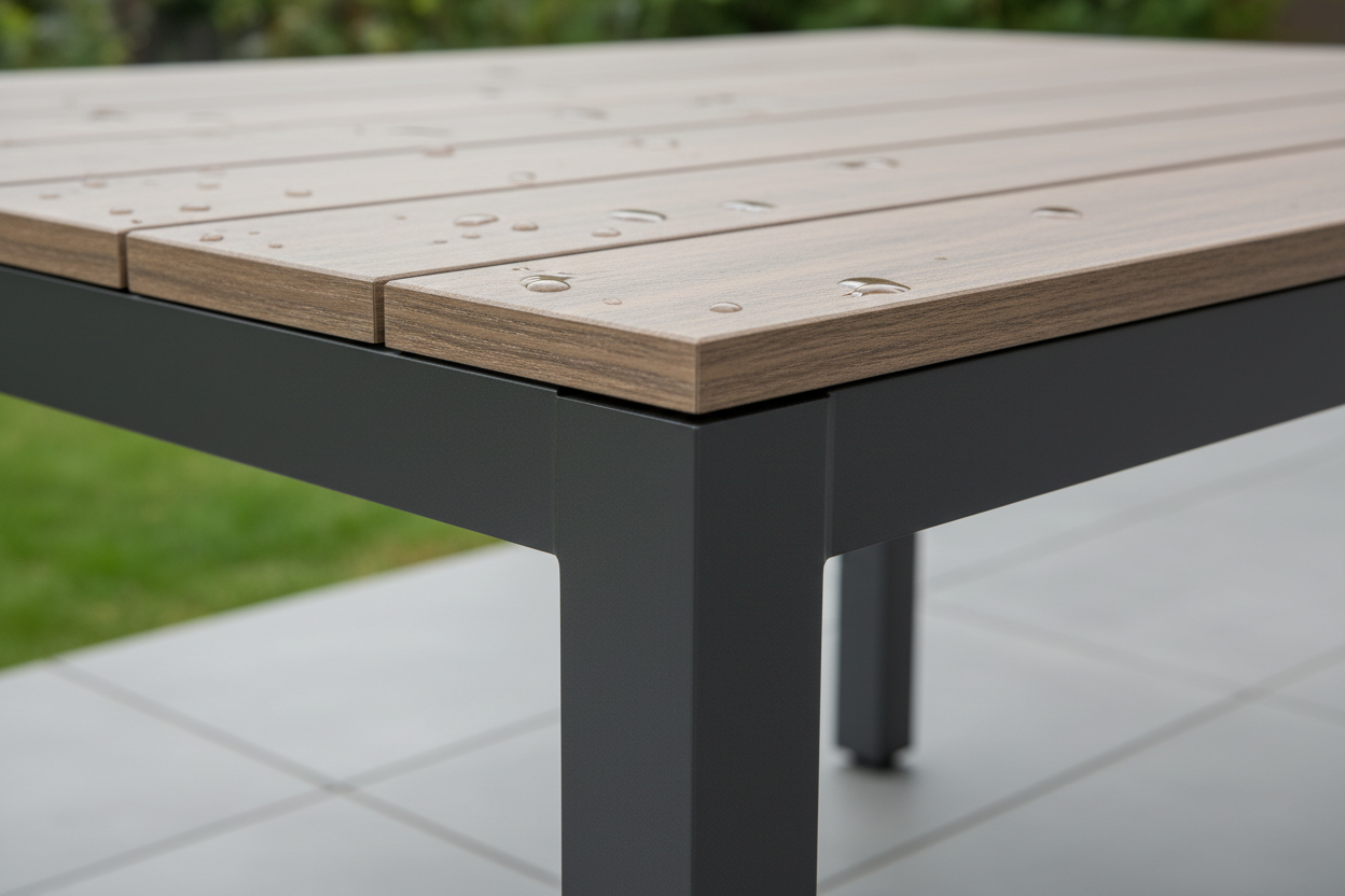 Close-up of premium WPC tabletop and aluminum frame construction