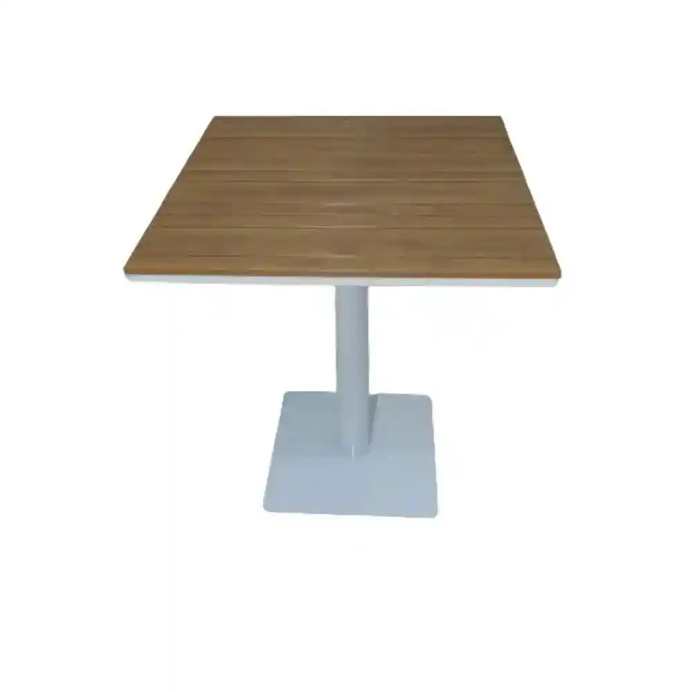 Modern square outdoor bistro table with wood-look top and single pedestal base by The Outdoor Furniture Market