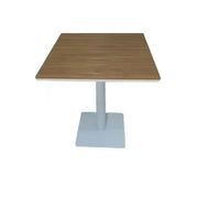 Modern square outdoor bistro table with wood-look top and single pedestal base by The Outdoor Furniture Market