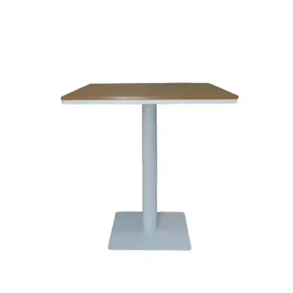 Modern square outdoor bistro table with wood-look top and single pedestal base by The Outdoor Furniture Market.