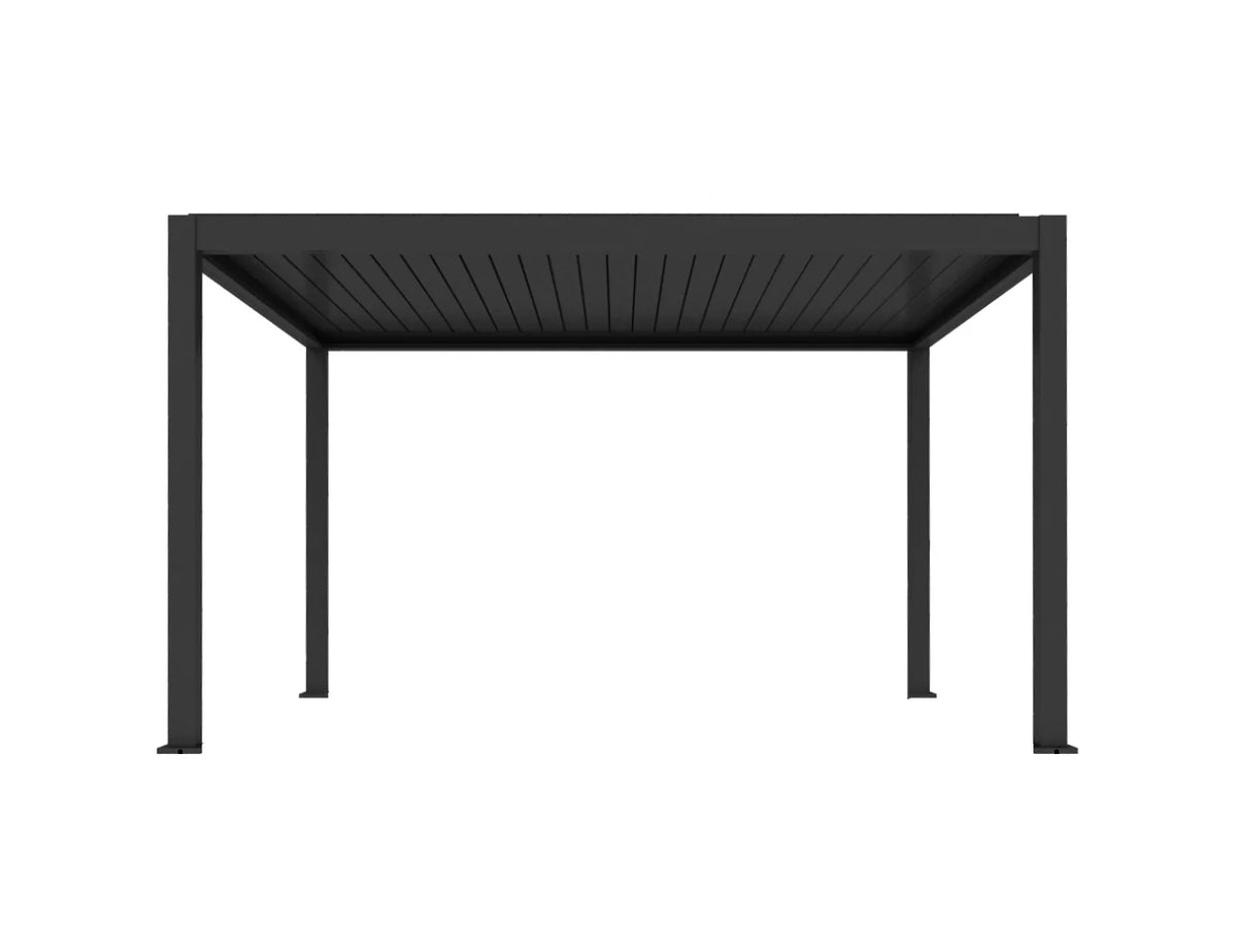 Black motorized freestanding aluminium gazebo with wind-resistant roller blinds, ideal for outdoor relaxation and shade.