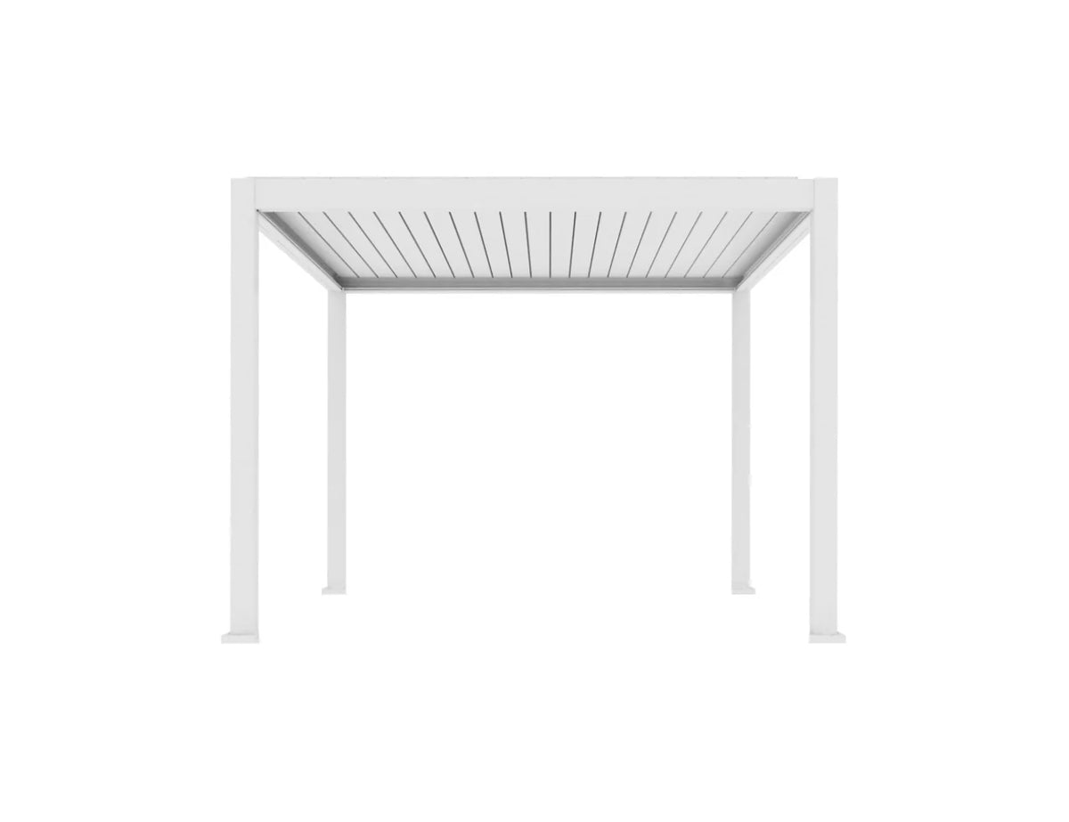 White motorized 3x4m aluminium gazebo with wind-resistant roller blinds, freestanding outdoor pergola by The Outdoor Furniture Market.