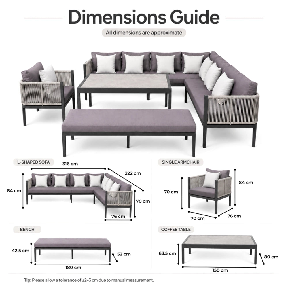Outdoor 10-seater L-shape rope sectional sofa set with aluminium frame and sintered stone table, ideal for outdoor relaxation.