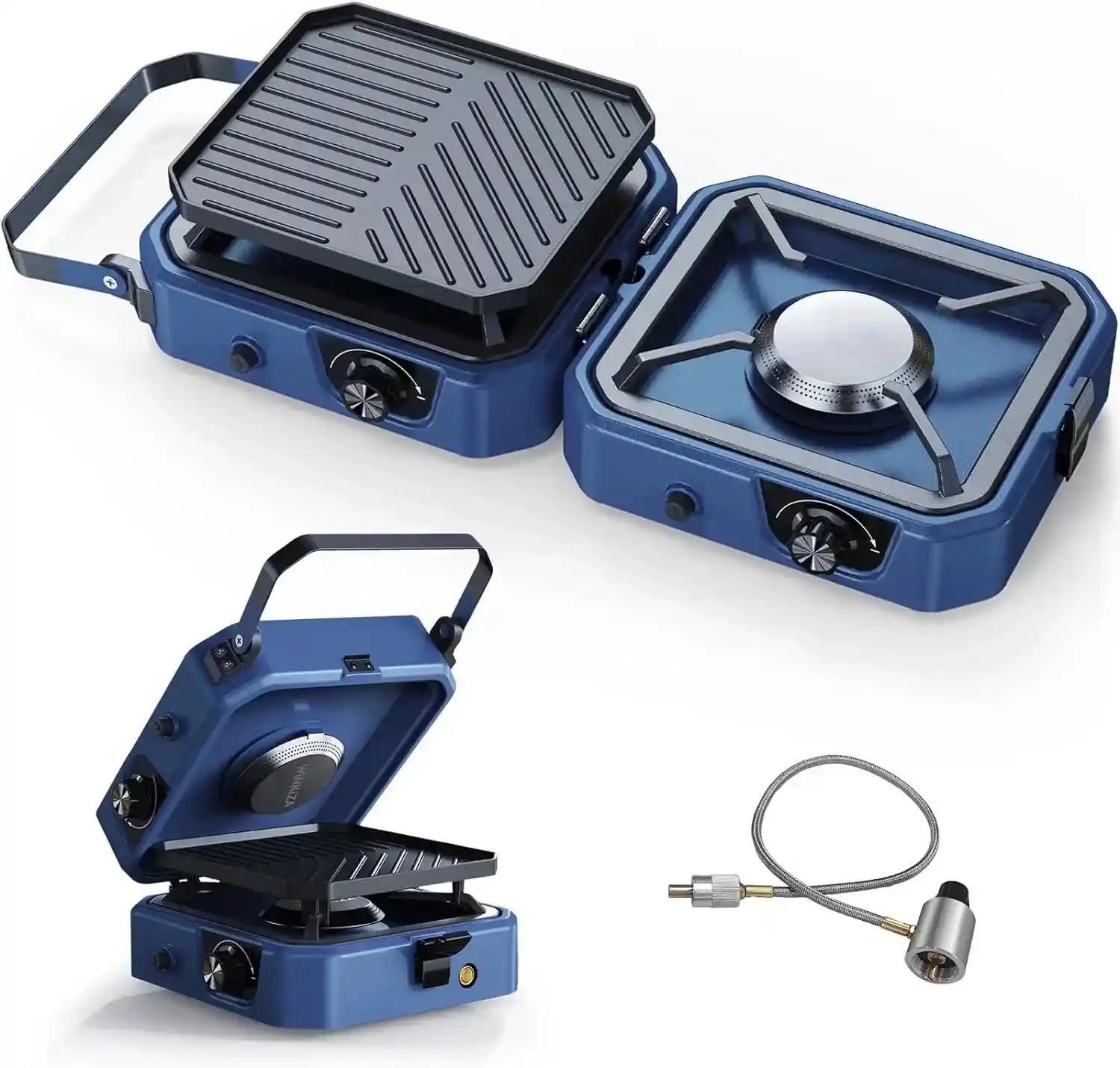 portable foldable camping gas stove with grill and two adjustable burners, showcasing its compact design.
