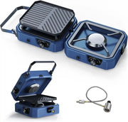 portable foldable camping gas stove with grill and two adjustable burners, showcasing its compact design.