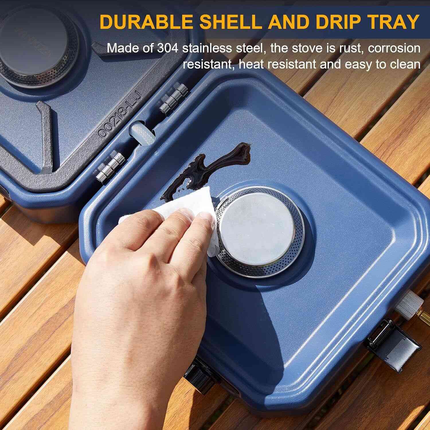 Foldable camping gas stove with two adjustable burners and grill, designed for outdoor cooking and portability.