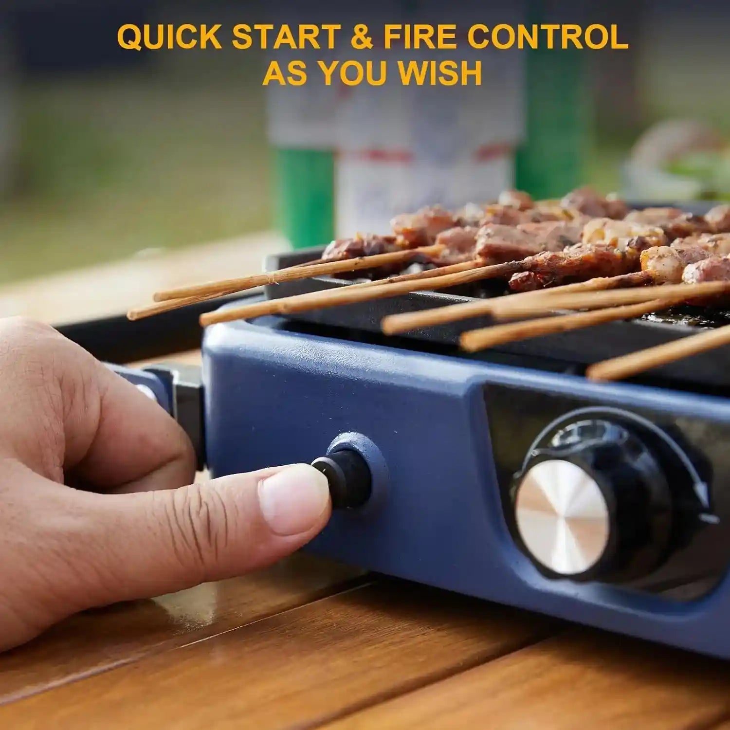 Portable foldable camping gas stove with two adjustable burners and grill, featuring a sleek design.