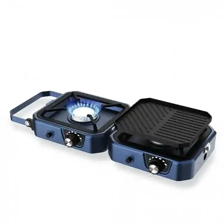 portable foldable camping gas stove with two adjustable burners and grill, showing its compact design and features.