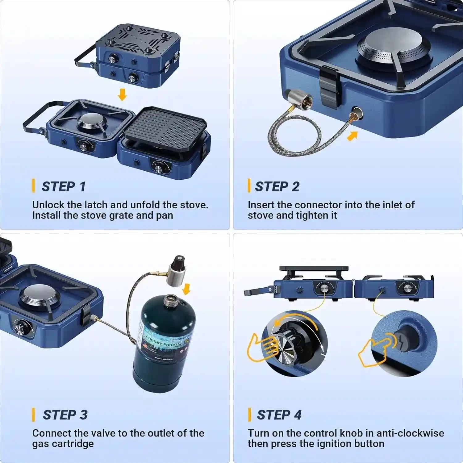 Portable camping gas stove with two adjustable burners and grill, designed for outdoor cooking.